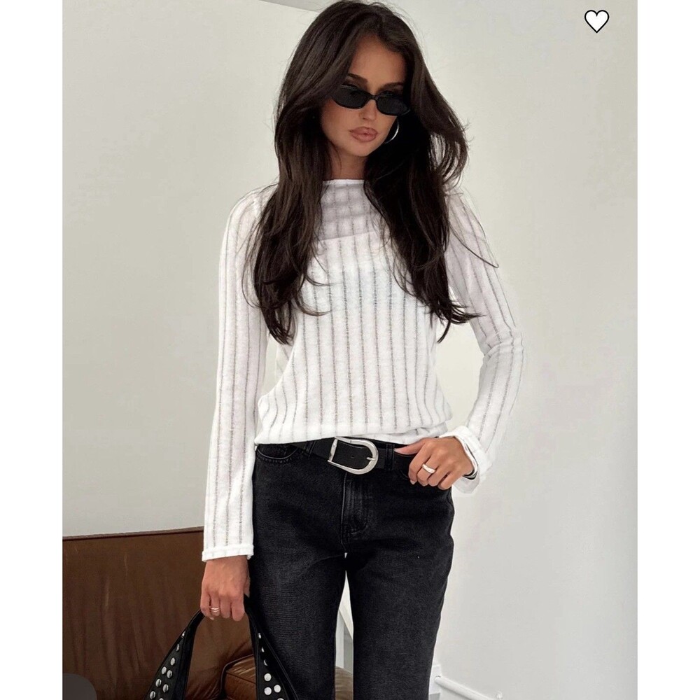 NWT Princess Polly Tuppence ribbed long-sleeve top in white Size 4 Sheer Mesh